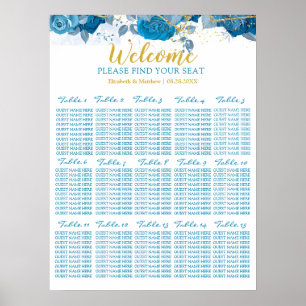 Sittdiagram för cyan Blue och Guld Blommigt Bröllo Poster