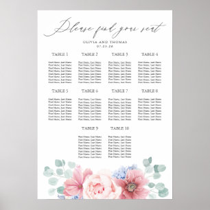 Sittdiagram för dammblått och Rosa Blommigt Bröllo Poster