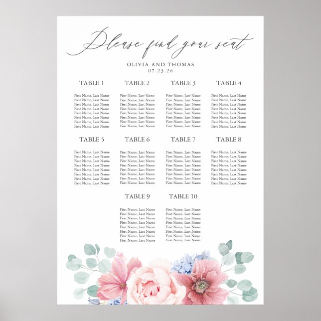 Sittdiagram för dammblått och Rosa Blommigt Bröllo Poster (Framsidan)