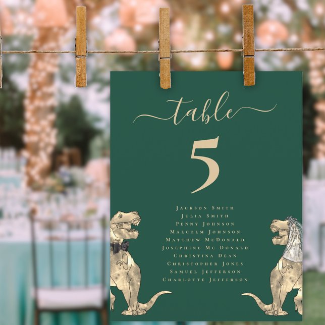 Sittdiagram för Dinosaur Thned Bröllop Bord (Dinosaur wedding dark green custom table chart Elegant script T-Rex dino bride and groom )