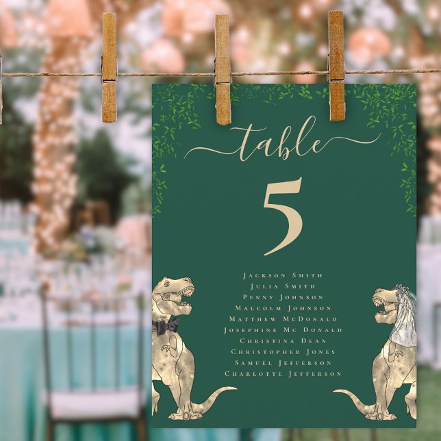Sittdiagram för Dinosaur Thned Bröllop Bord (Dinosaur wedding dark green table number chart card T-Rex dino bride and groom elegant script )