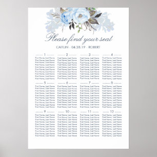 Sittdiagram för Dusty Blue Blommigt Elegant bröllo Poster