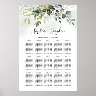 Sittdiagram för Dusty Blue Greenery Elegant bröllo Poster