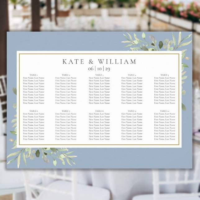 Sittdiagram för Dusty Blue Greenery Foliage Bröllo Poster (Dusty Blue Greenery Foliage Wedding Seating Chart)