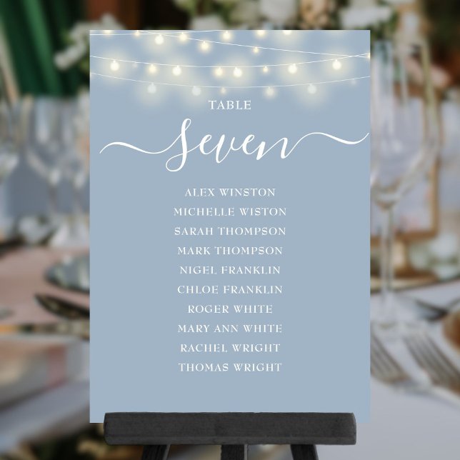 Sittdiagram för Dusty Blue Ljus Bordsnummer (Dusty Blue Lights Table Number Seating Chart)