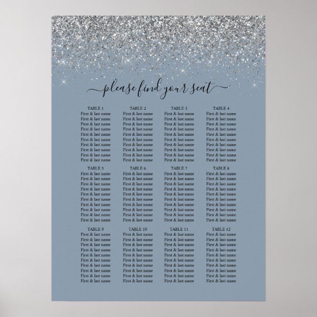 Sittdiagram för Dusty Blue & Silver Glitter Bröllo Poster (Framsidan)