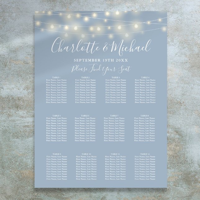 Sittdiagram för Dusty Blue String Ljus Bröllop Poster (Dusty Blue String Lights Wedding Seating Chart)