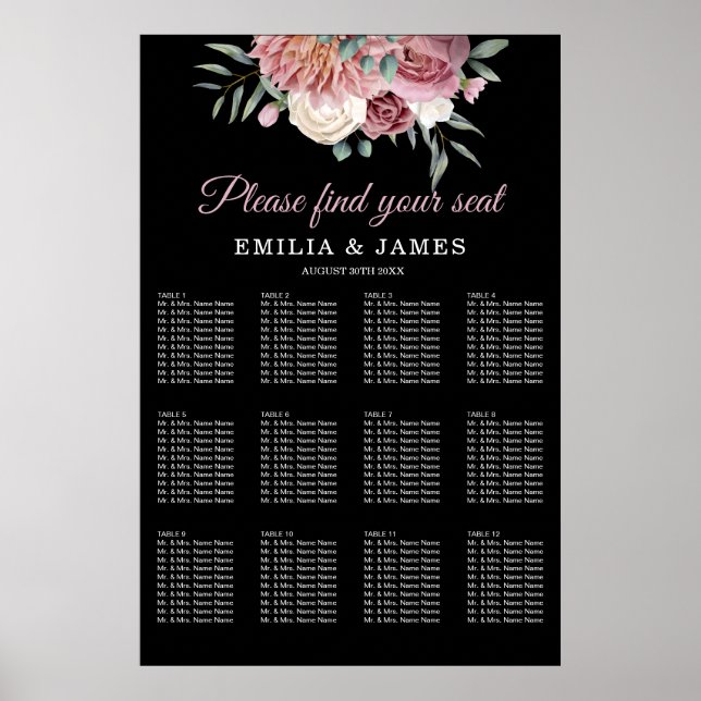 Sittdiagram för Dusty Ro Blommigt svart Bröllop Poster (Framsidan)