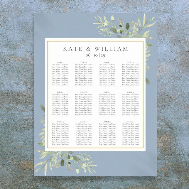 Sittdiagram för elegant Dusty Blue Greenery Bröllo Poster (Elegant Dusty Blue Greenery Wedding Seating Chart)