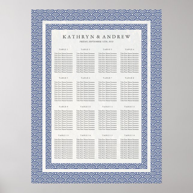 Sittdiagram för elegant Navy+White Seigaiha Bröllo Poster (Framsidan)