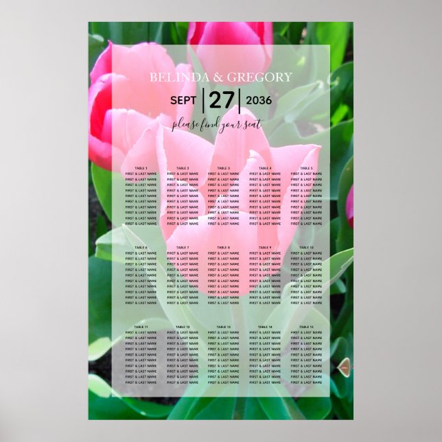 Sittdiagram för elegant Rosa Tulips Bröllop Poster (Framsidan)