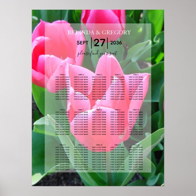 Sittdiagram för elegant Rosa Tulips Bröllop Poster (Framsidan)