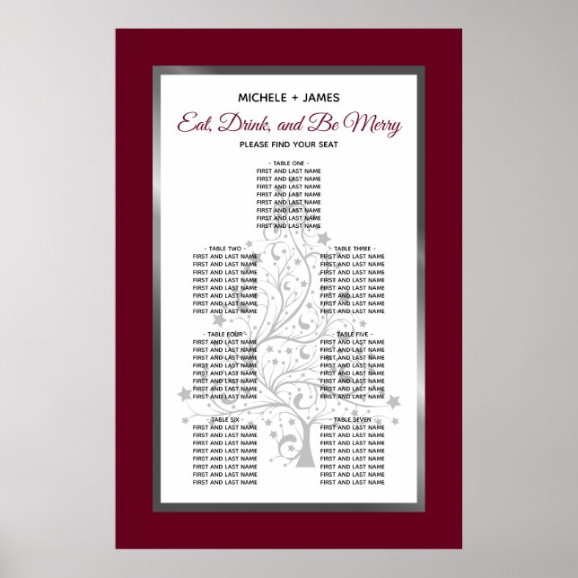 Sittdiagram för elegant Silver Burgundy Bröllop Poster (Framsidan)
