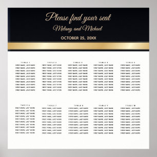 Sittdiagram för elegant, svart vitt och guld bröll poster