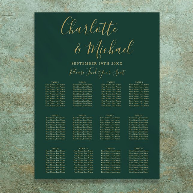 Sittdiagram för Emerald Grönt och Guld Bröllop Poster (Emerald Green And Gold Wedding Seating Chart)