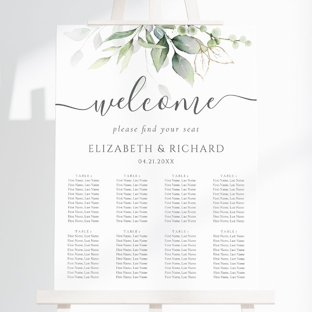 Sittdiagram för Eucalyptus Greenery Bröllop Poster (This seating chart features a lovely eucalyptus design. Perfect for your green wedding theme.)