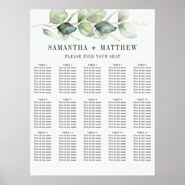 Sittdiagram för Eucalyptus Greenery Foliage Bröllo Poster (Framsidan)