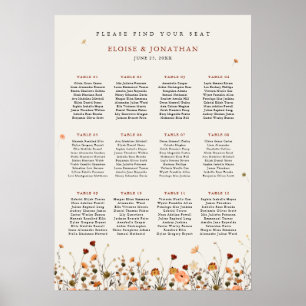 Sittdiagram för Fall Wildblomma Garden Boho Bröllo Poster