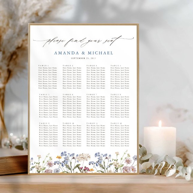 Sittdiagram för färgat Vår Wildblomma Bröllop Poster (Colorful Spring Wildflower garden Wedding downloadable Seating Chart poster )