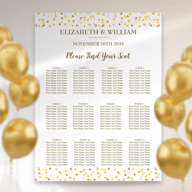 Sittdiagram för golden Hearts Bröllop Poster (Golden Hearts Wedding Seating Chart)