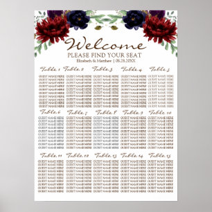 Sittdiagram för Guld Peony Bröllop i Burgundy-flot Poster