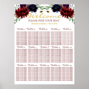 Sittdiagram för Guld Peony Bröllop i Burgundy-flot Poster