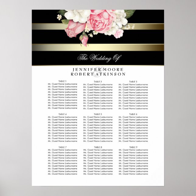 Sittdiagram för guld, svart och vit Blommigt, Bröl Poster (Framsidan)