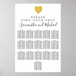 Sittdiagram för guldfolie Heart 16-Bord Bröllop Poster