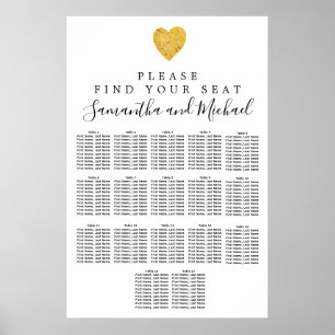 Sittdiagram för guldfolie Heart 17-Bord Bröllop Poster