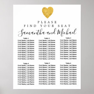 Sittdiagram för guldfolie Heart 6-Bord Bröllop Poster