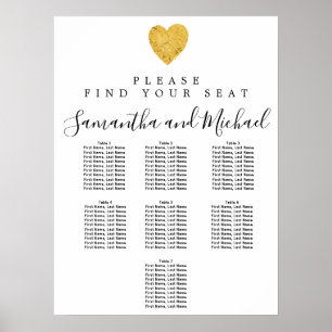 Sittdiagram för guldfolie Heart 7-Bord Bröllop Poster