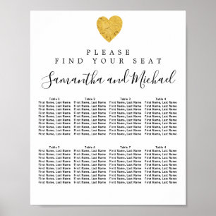 Sittdiagram för guldfolie Heart 8-Bord Bröllop Poster