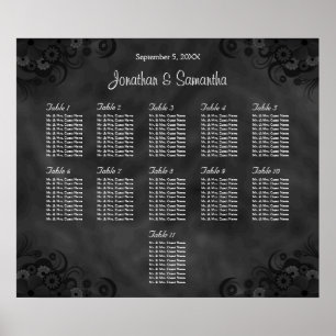 Sittdiagram för Hibiscus Black 11 Bord Bröllop Poster