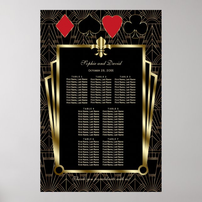 Sittdiagram för kasino Royale Guld Art Deco Bröllo Poster (Framsidan)