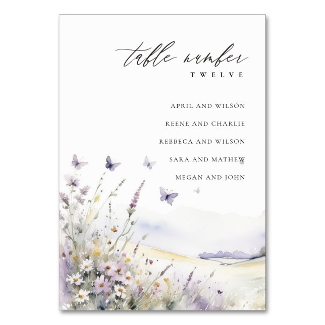 Sittdiagram för Lilac Wildblomma Butterfly Bröllop Bordsnummer (Framsidan)