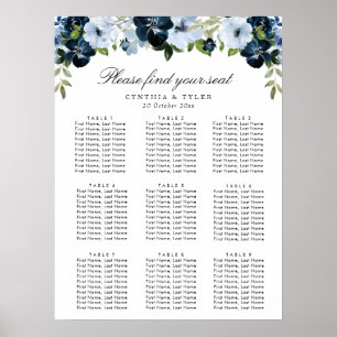 Sittdiagram för marint ljus i blåa blommor bröllop poster
