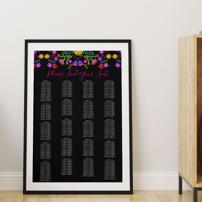 Sittdiagram för Mexikanska Fiesta Blommigt Bord Poster (Seating Chart with Mexican Fiesta floral theme - available printed or as printable download)