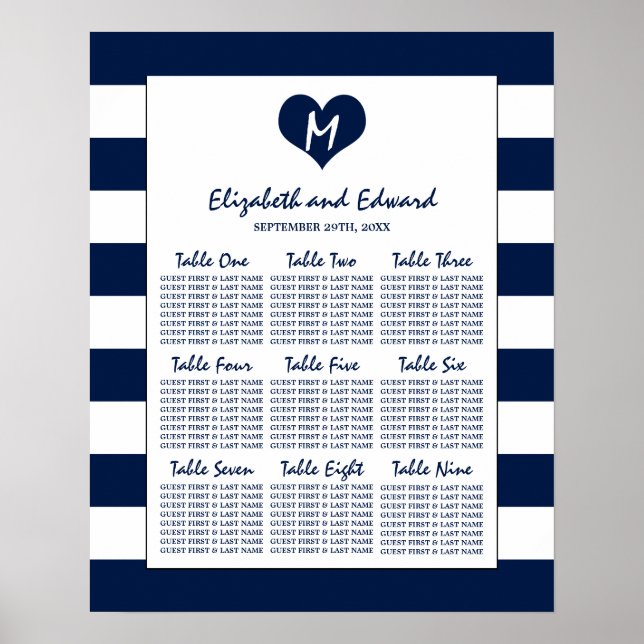 Sittdiagram för modern Chic Navy och White Bröllop Poster (Framsidan)