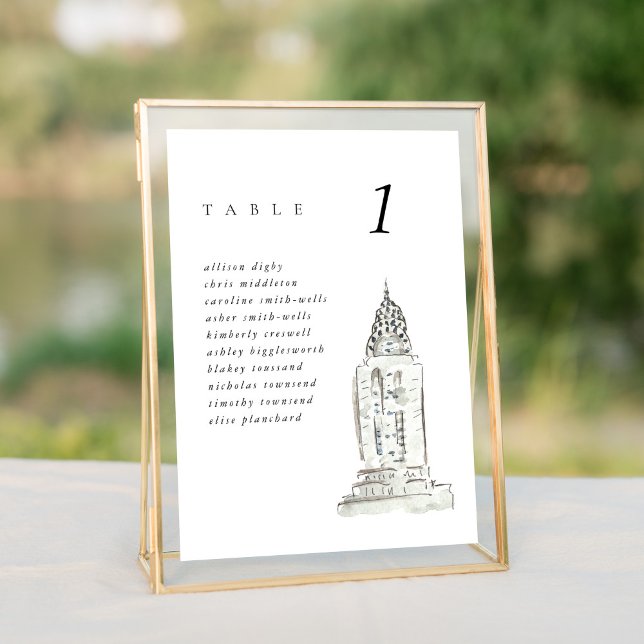 Sittdiagram för New York Chrysler Byggnad Bröllop (Watercolor Chrysler Building chic New York Wedding table number cards.)