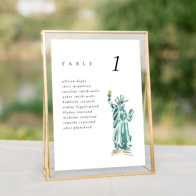 Sittdiagram för New York Frihetsgudinnan Bröllop (Watercolor Statue of Liberty chic New York City skyline wedding table number cards.)