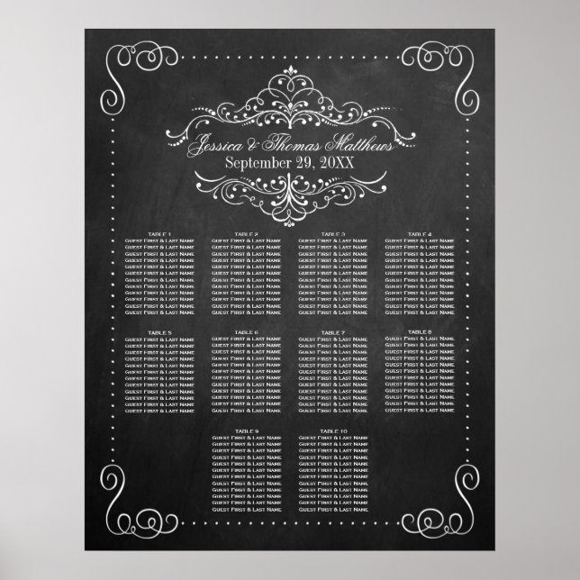 Sittdiagram för Ornate Flourish Chalkboard Bröllop Poster (Framsidan)