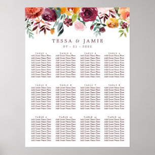 Sittdiagram för Paprika Burgundy Blommigt Bröllop Poster