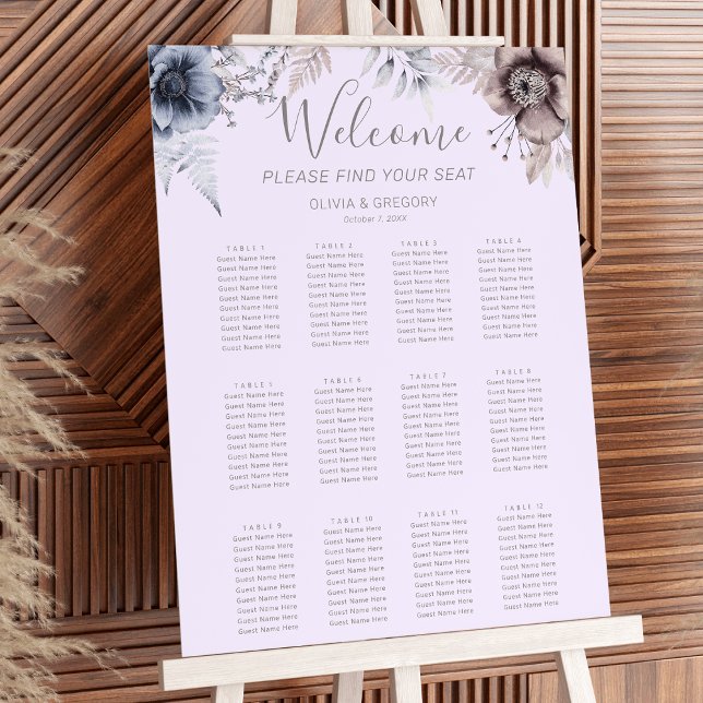 Sittdiagram för Pastel Vår Flower Bröllop Poster (Elegant Pastel Spring dusky blue, heather lilac, and beige. Watercolor Flower Wedding Seating Chart)