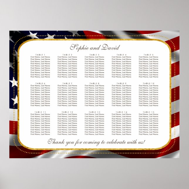 Sittdiagram för Patriotic Gold Foil USA flagga Brö Poster (Framsidan)