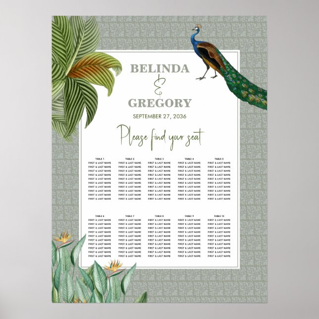 Sittdiagram för Peacock Tropical Grey Bröllop Poster (Framsidan)