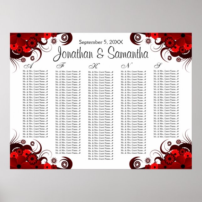 Sittdiagram för rödBlommigt och vit Bröllop Bord Poster (Framsidan)