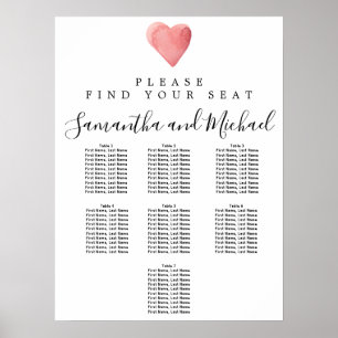 Sittdiagram för rödvattenfärg Heart 7-Bord Bröllop Poster