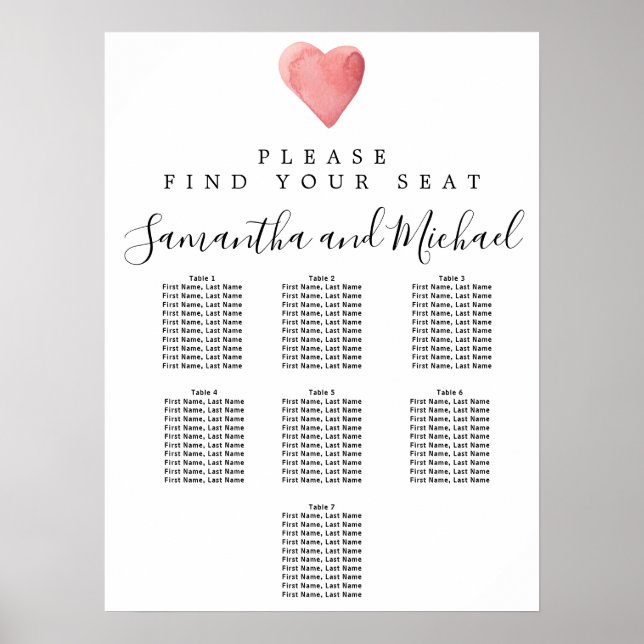 Sittdiagram för rödvattenfärg Heart 7-Bord Bröllop Poster (Framsidan)