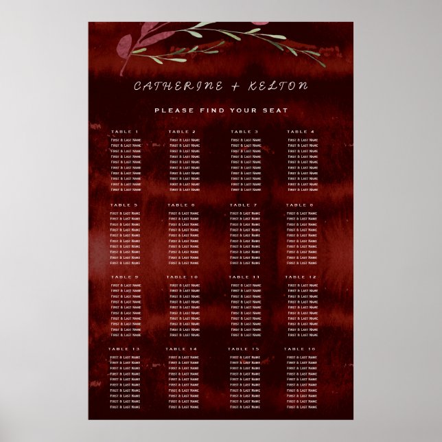 Sittdiagram för Rustic Burgundy Rosa Blommigt Bröl Poster (Framsidan)