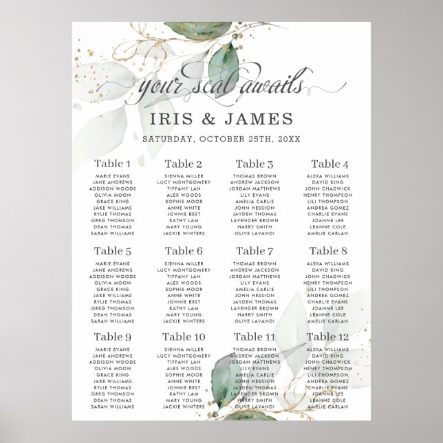 Sittdiagram för Rustic Greenery Foliage Guld Bröll Poster (Framsidan)